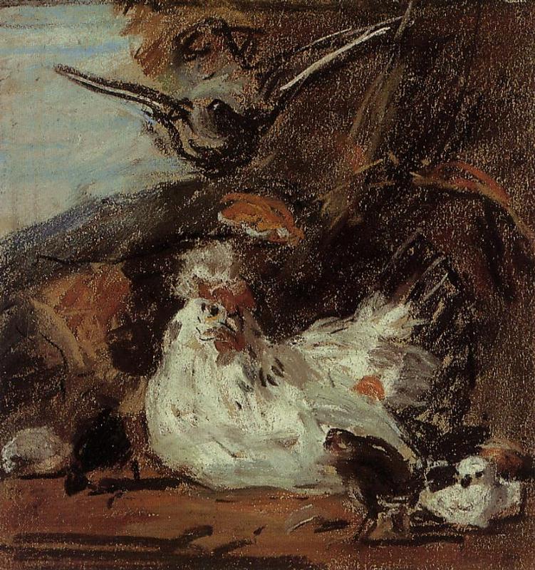 A Hen and Her Chicks (after Melchior d'Hondecoeter) - Eugène Boudin Tablo