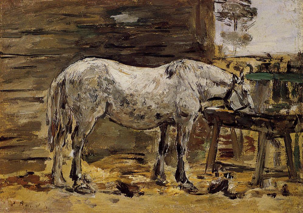A Horse Drinking (1887) - Eugène Boudin Tablo