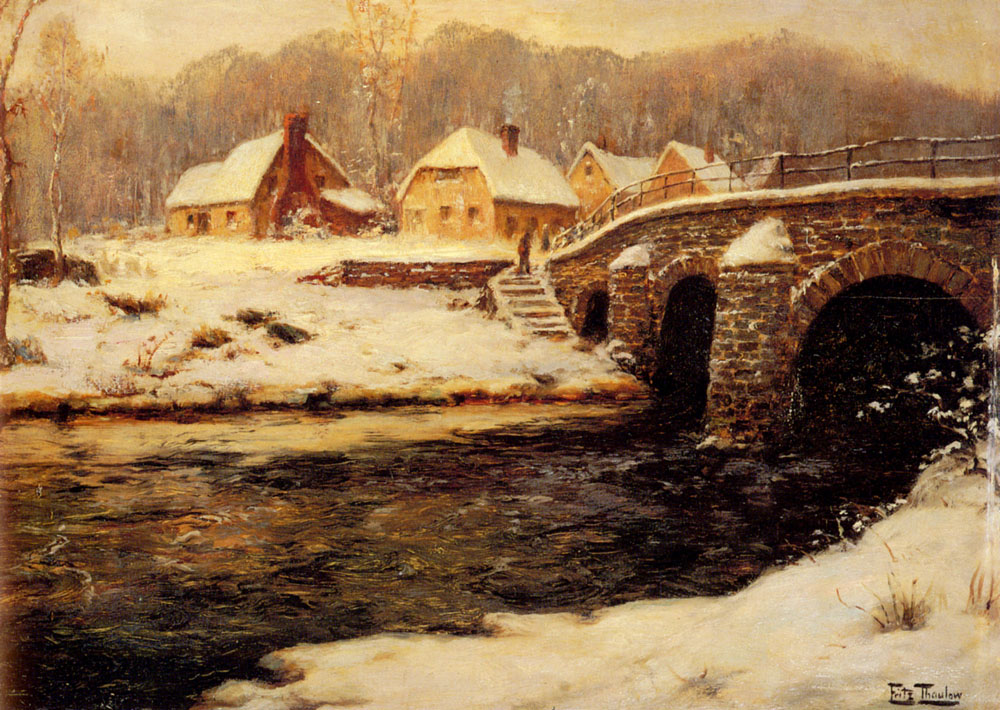 A Stone Bridge Over a Stream in Winter - Frits Thaulow Tablo