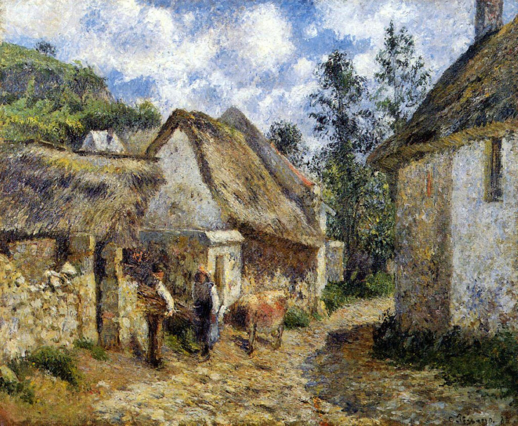 A Street in Auvers (Thatched Cottage and Cow) (1880) - Camille Pissarro Tablo