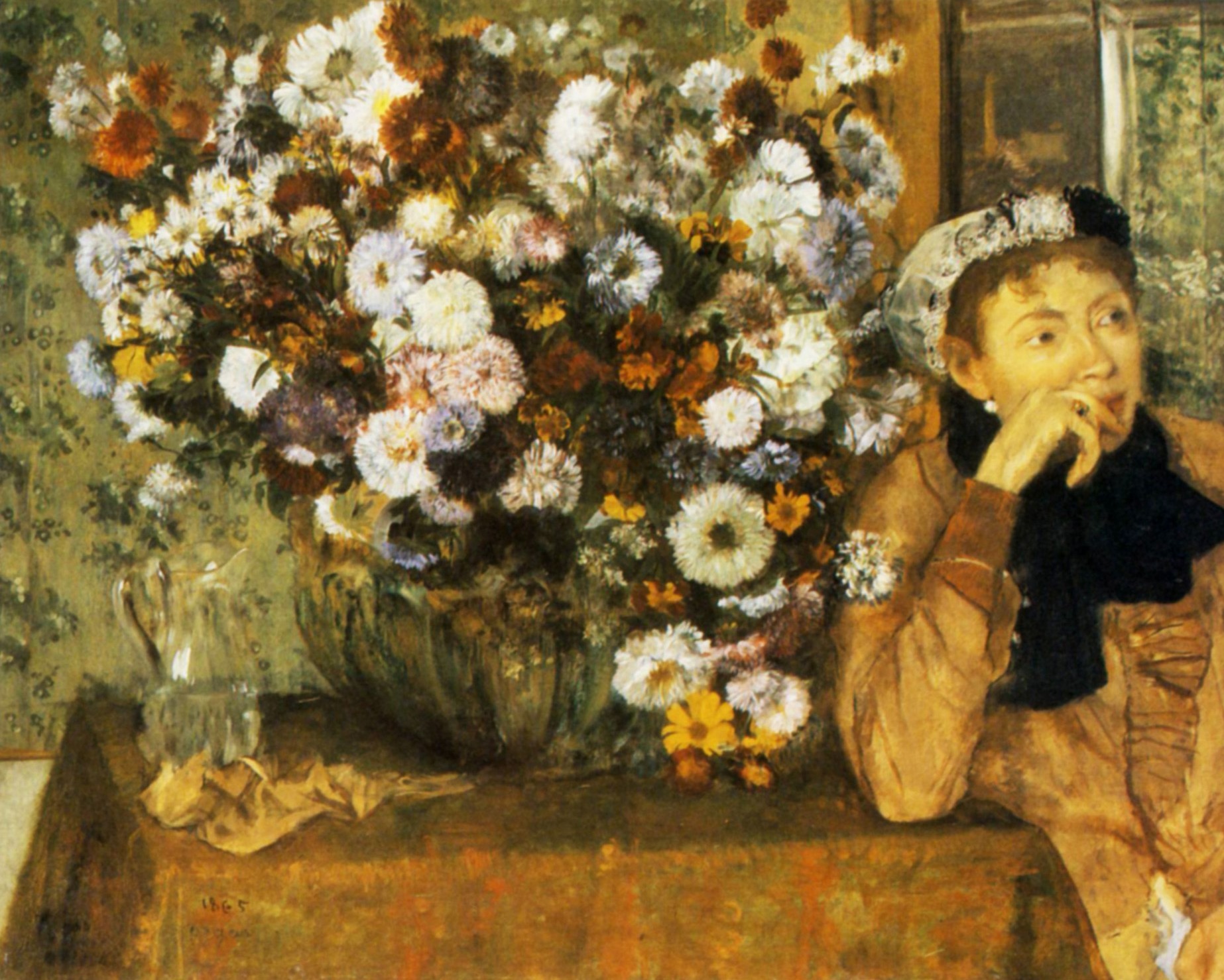 A Woman Seated beside a Vase of Flowers (1865) - Edgar Degas Tablo