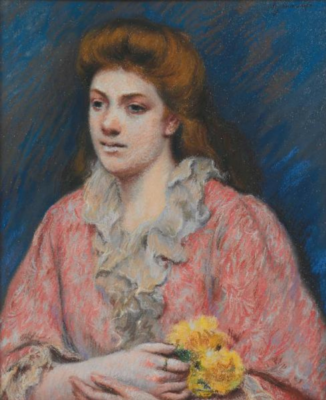 A woman in a house dress holding flowers (1905) - Federico Zandomeneghi Tablo