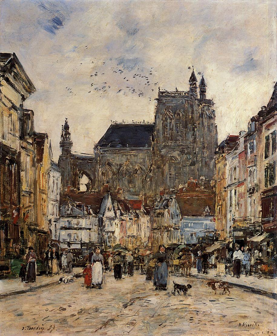 Abbeville, Street and the Church of Saint Vulfran (1884) - Eugène Boudin Tablo