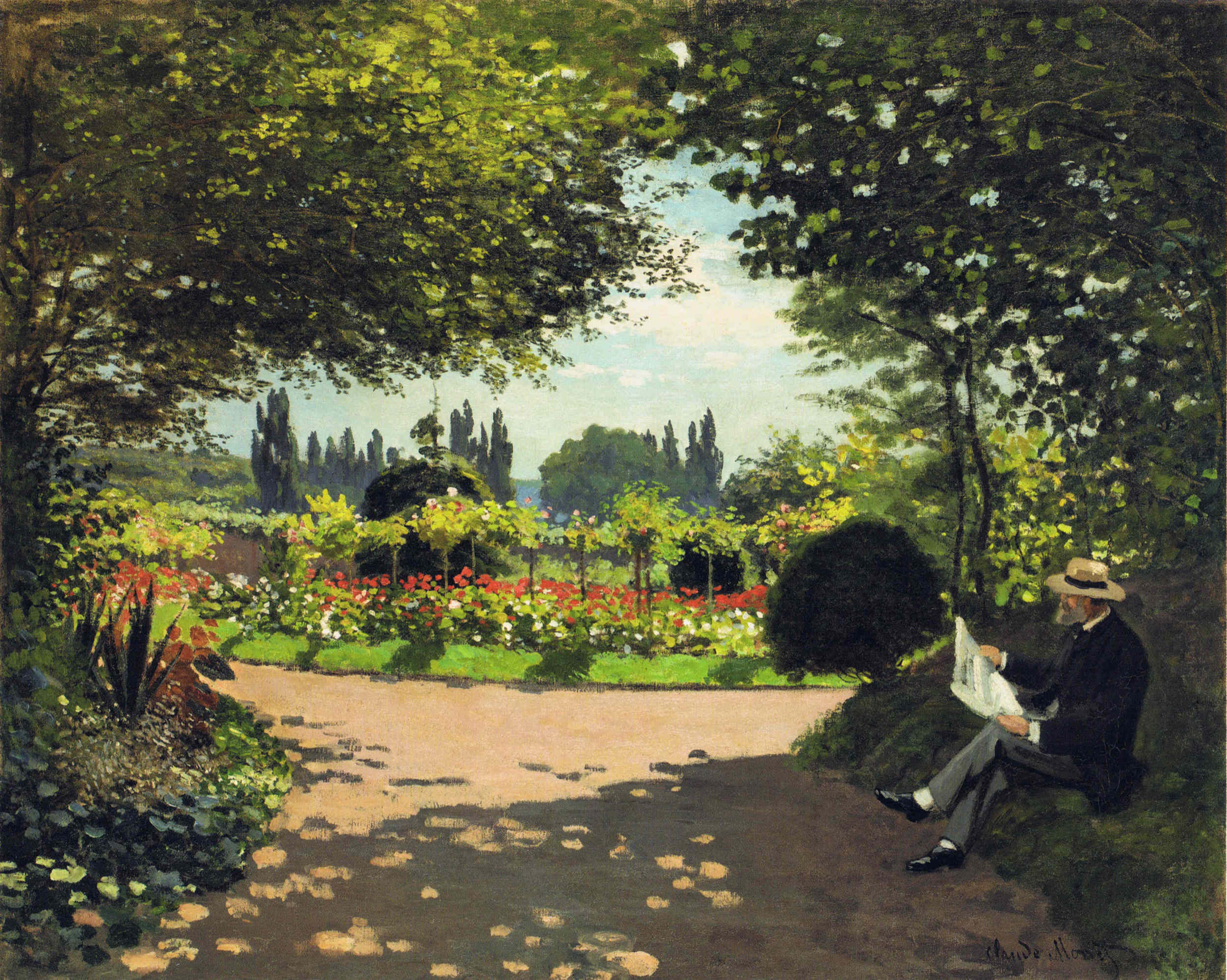 Adolphe Monet Reading in the Garden (1866) - Claude Monet Tablo