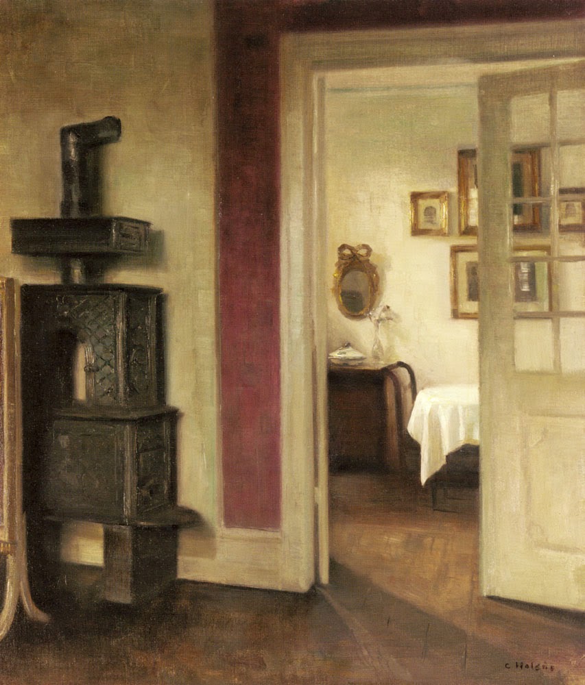 An Interior with a Stove and a View into the Dining Room - Carl Holsøe Tablo