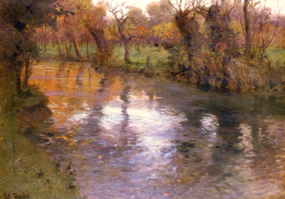 An Orchard on the Banks of a River - Frits Thaulow Tablo
