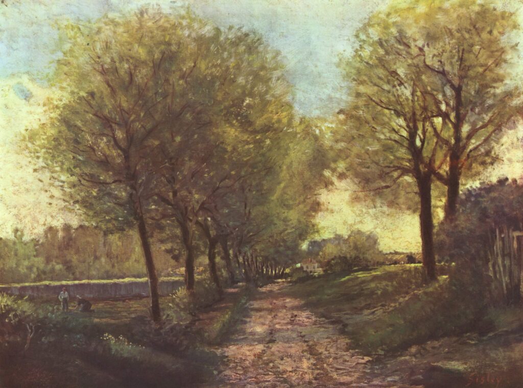 Avenue of trees in a small town (1866) – Alfred Sisley Tablo