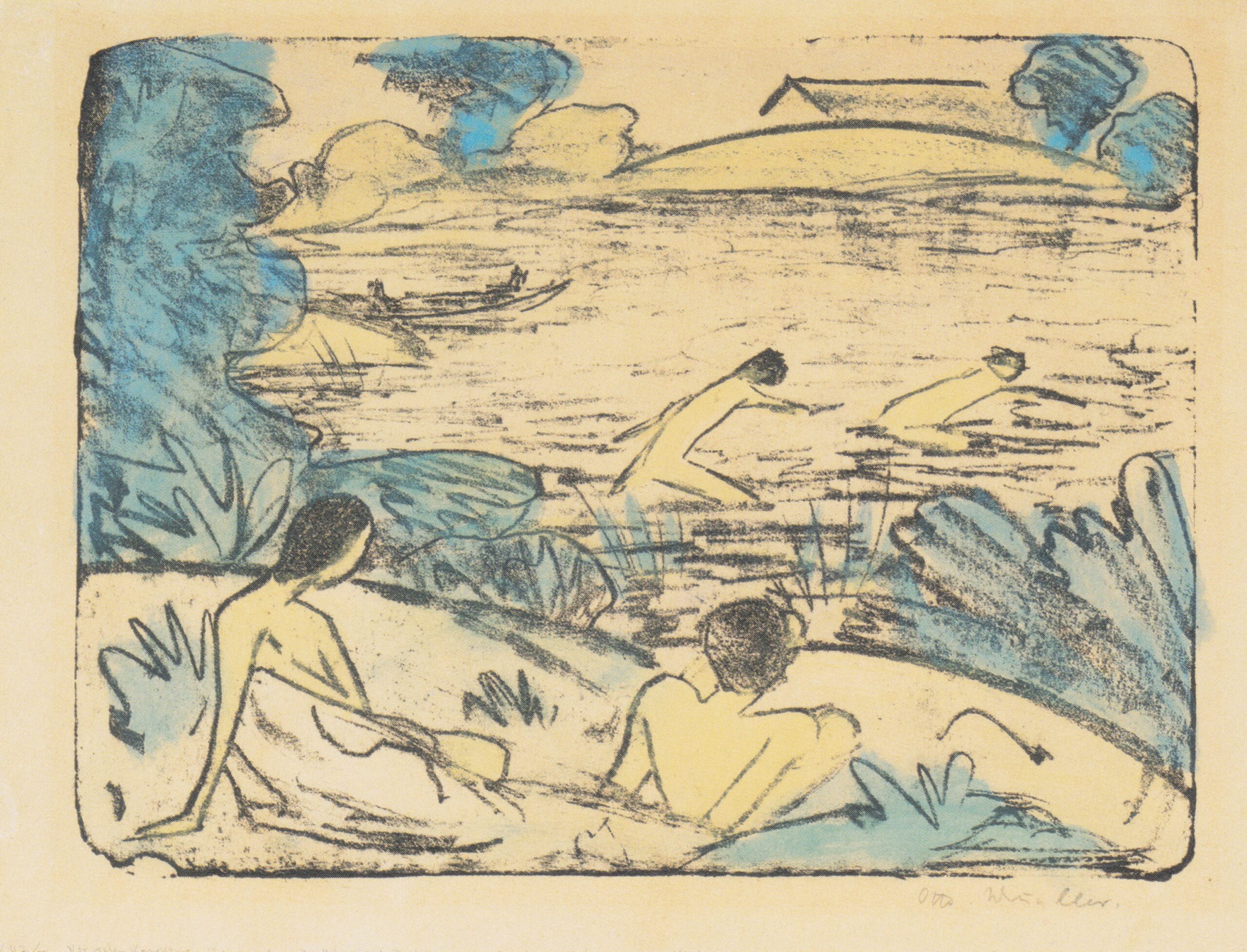 Badeszene Mit Vier Figuren, Haus Und Boot (nach Rechts) (1914) - Otto Mueller Tablo