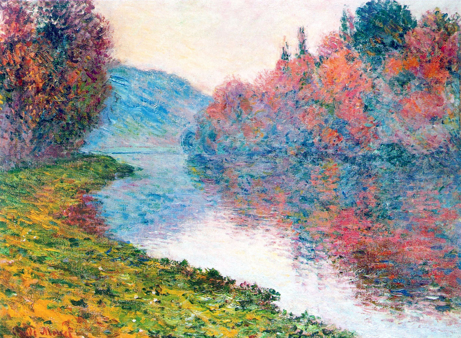 Banks of the Seine at Jenfosse Clear Weather (1884) - Claude Monet Tablo