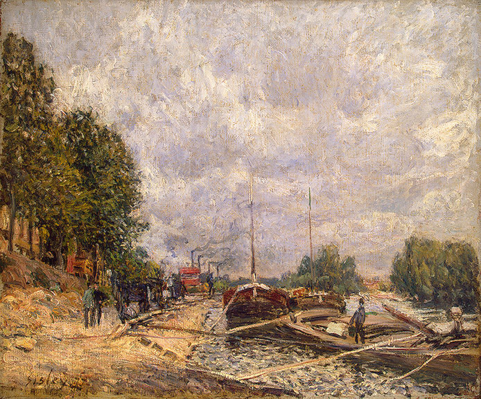 Barges at Billancourt (1877) - Alfred Sisley Tablo