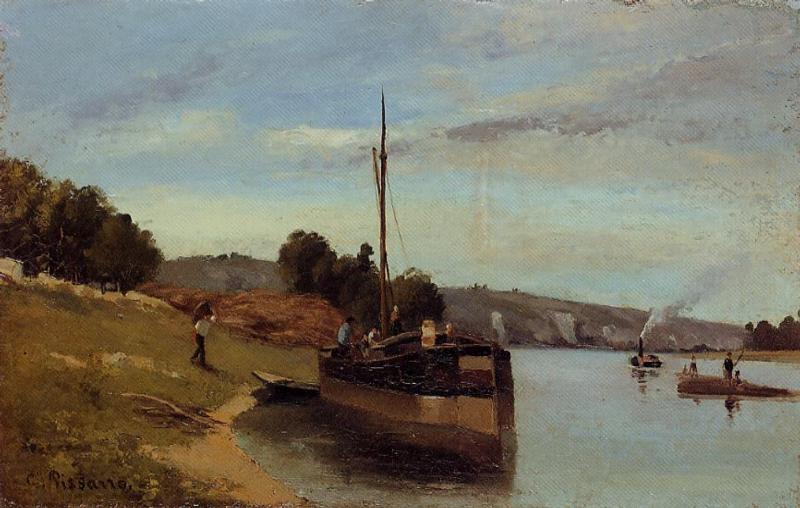 Barges at Le Roche Guyon (1865) - Camille Pissarro Tablo