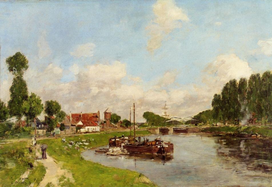 Barges on the canal at Saint Valery sur Somme (1891) - Eugène Boudin Tablo