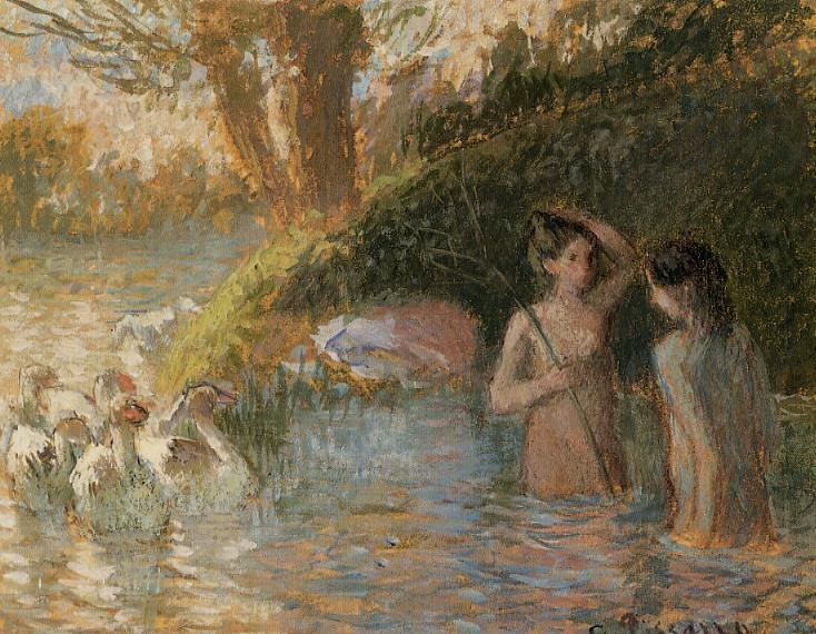 Bathing Goose Maidens - Camille Pissarro Tablo