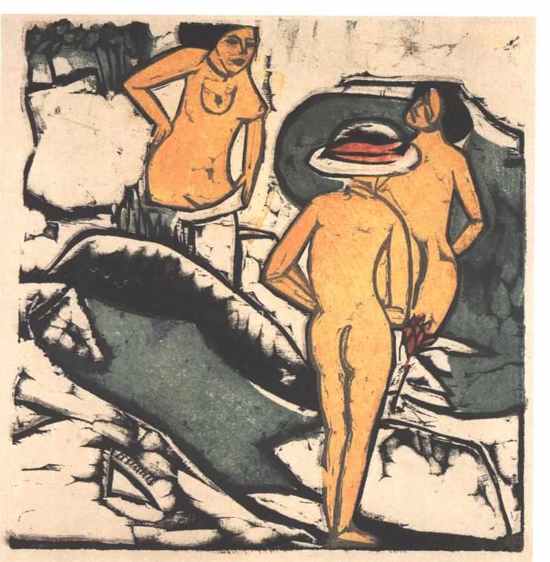 Bathing Women between White Rocks - Ernst Ludwig Kirchner Tablo