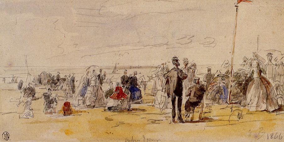Beach Scene at Trouville (1866) - Eugène Boudin Tablo