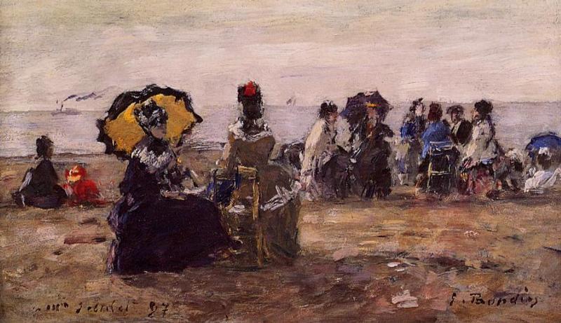 Beach Scene, the Yellow Umbrella - Eugène Boudin Tablo