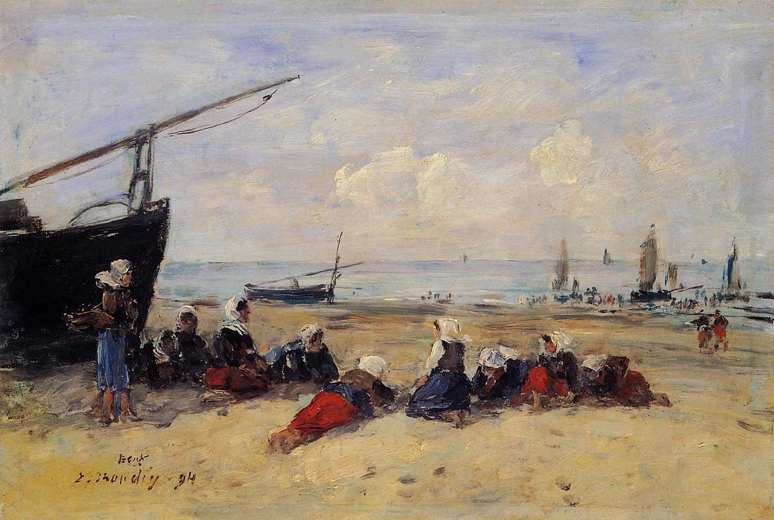 Berck, Fisherwomen on the Beach, Low Tide (1894) - Eugène Boudin Tablo