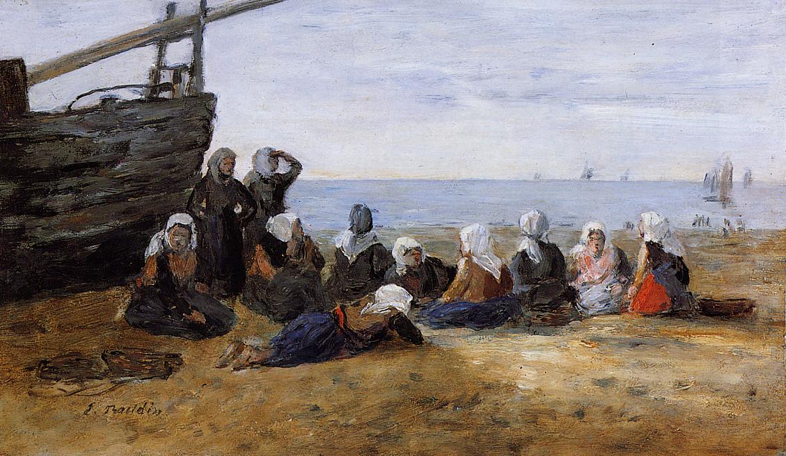 Berck, Group of Fishwomen Seated on the Beach - Eugène Boudin Tablo