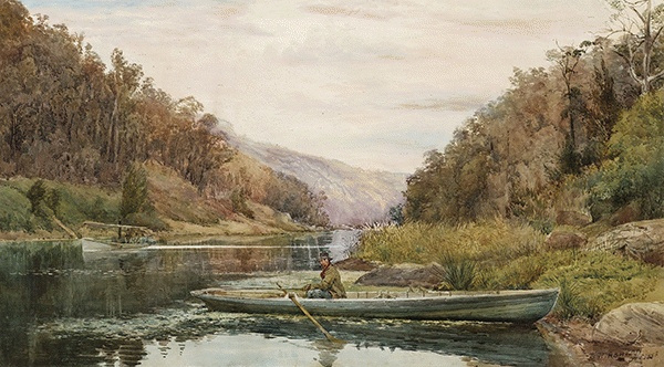 Boatman on the Hawkesbury River, at Cole and Candle Creek, near Akuna Bay (1883) - Julian Ashton Tablo