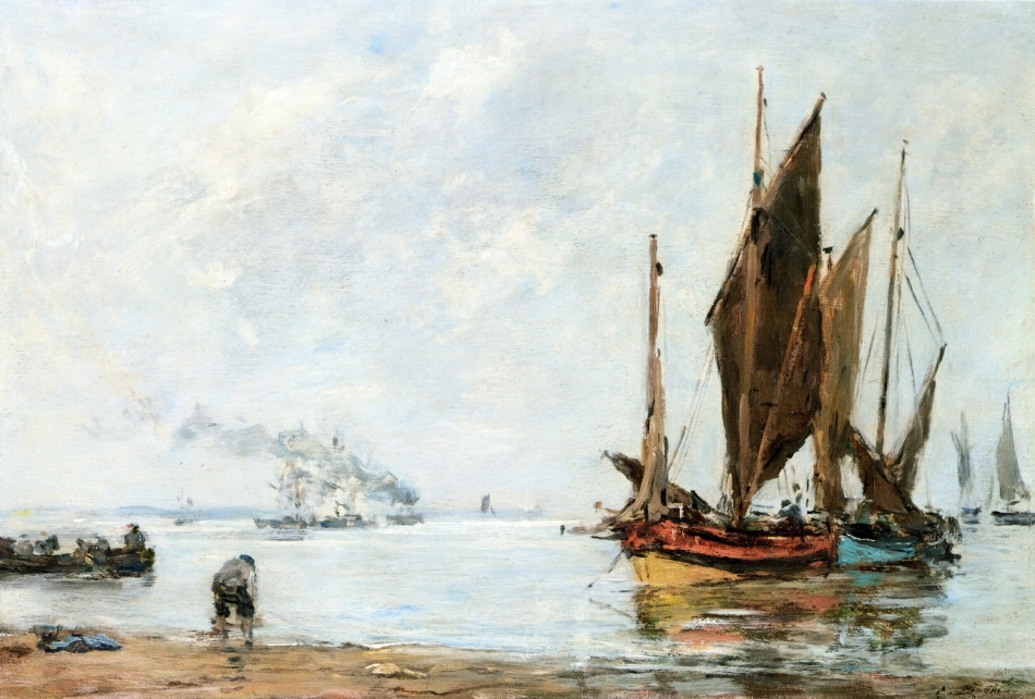Boats At Anchor along the Shore - Eugène Boudin Tablo