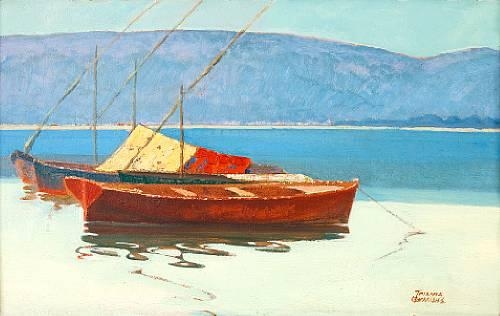 Boats in calm water - Theophrastos Triantafyllidis Tablo