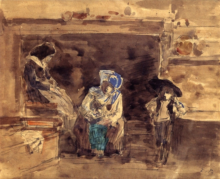 Breton Family by the Fireplace - Eugène Boudin Tablo
