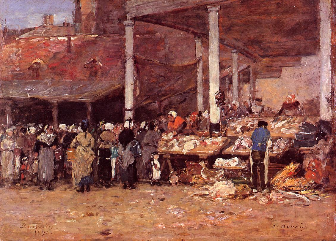 Brussels the Old Fish Market - Eugène Boudin Tablo