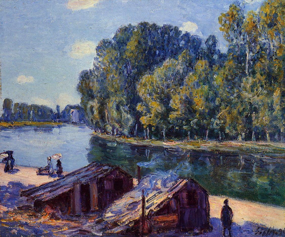 Cabins along the Loing Canal, Sunlight Effect (1896) - Alfred Sisley Tablo