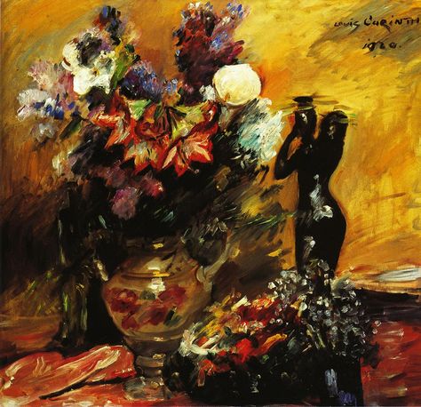 Cala Lilies and Lilacs with a Bronze Figurine (1920) - Lovis Corinth Tablo