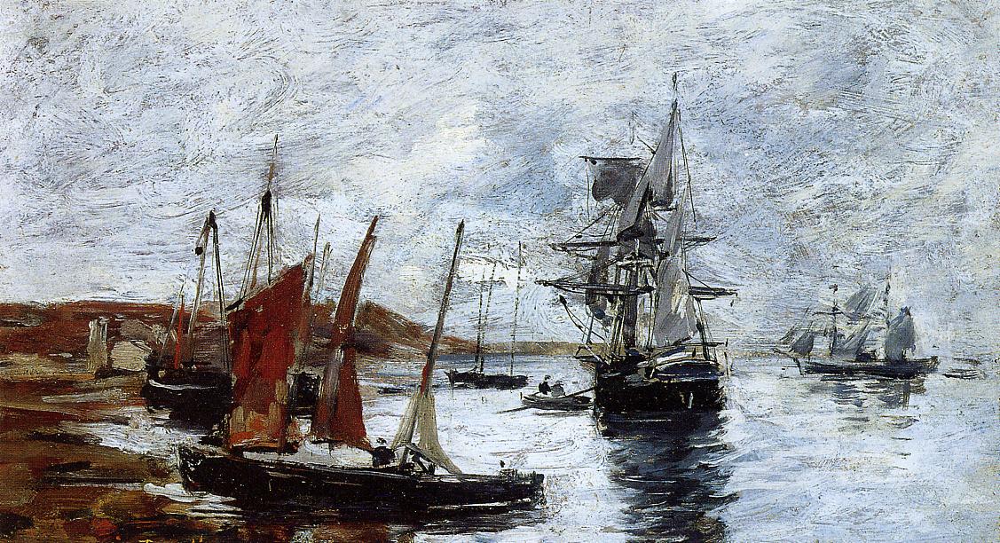 Camaret, Boats on the Shore - Eugène Boudin Tablo