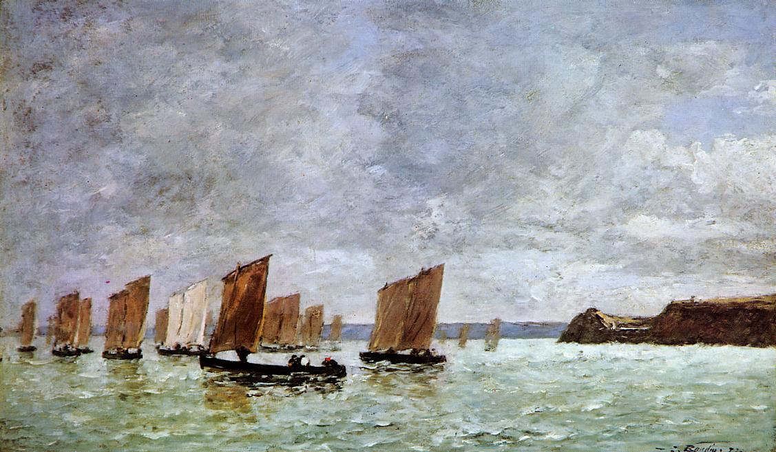 Camaret, Fishing Boats off the Shore - Eugène Boudin Tablo