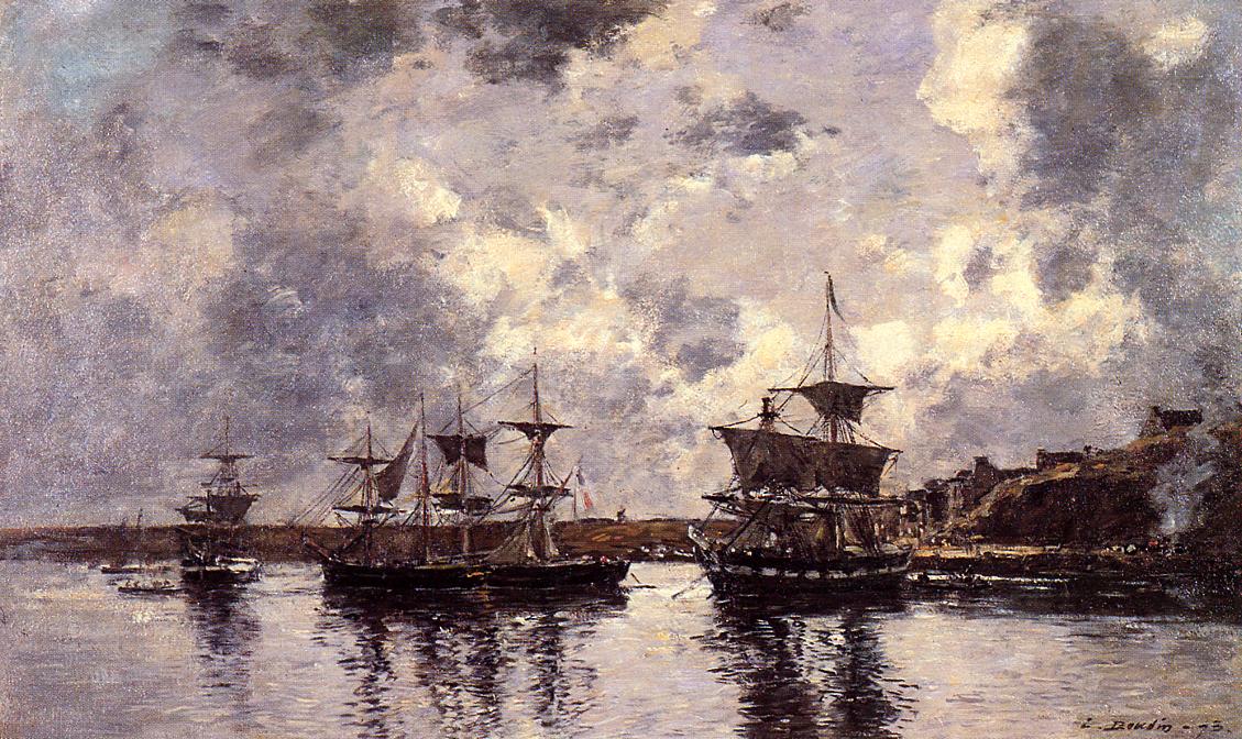 Camaret, Three Masters Anchored in the Harbor (1873) - Eugène Boudin Tablo