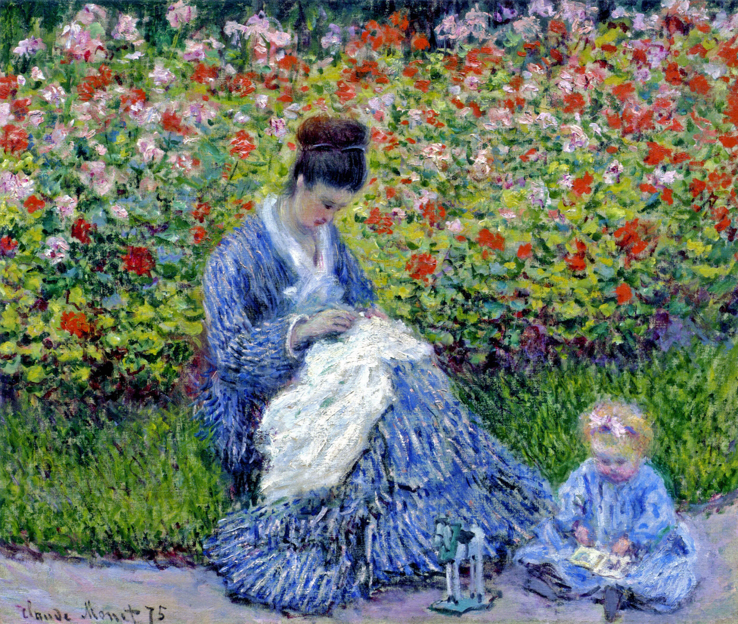 Camille Monet and a Child in the Artist’s Garden in Argenteuil (1875) - Claude Monet Tablo