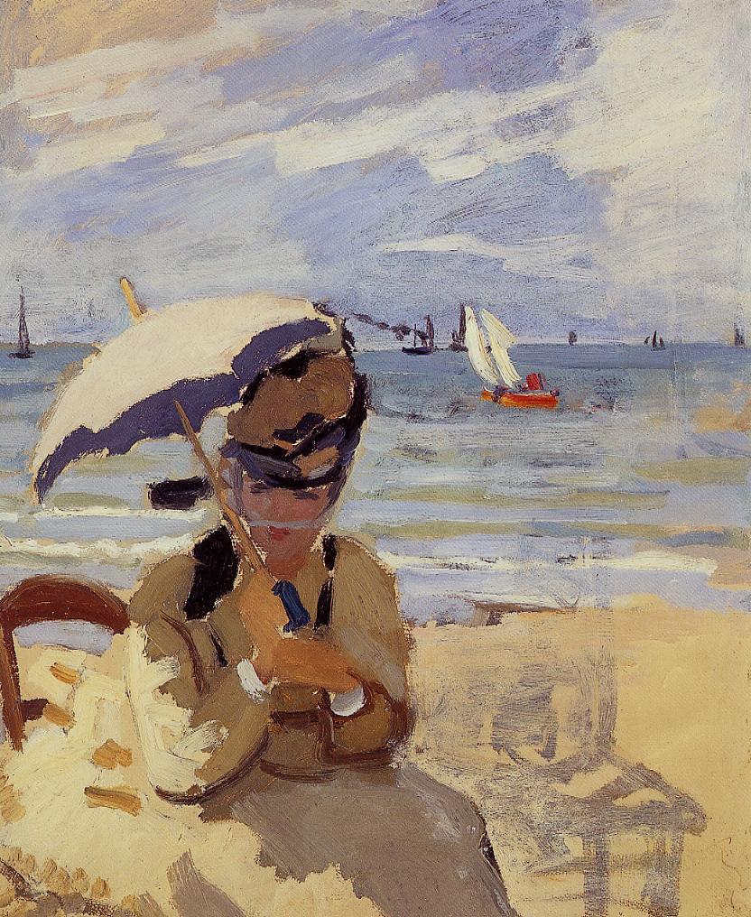 Camille Sitting on the Beach at Trouville (1870) - Claude Monet Tablo