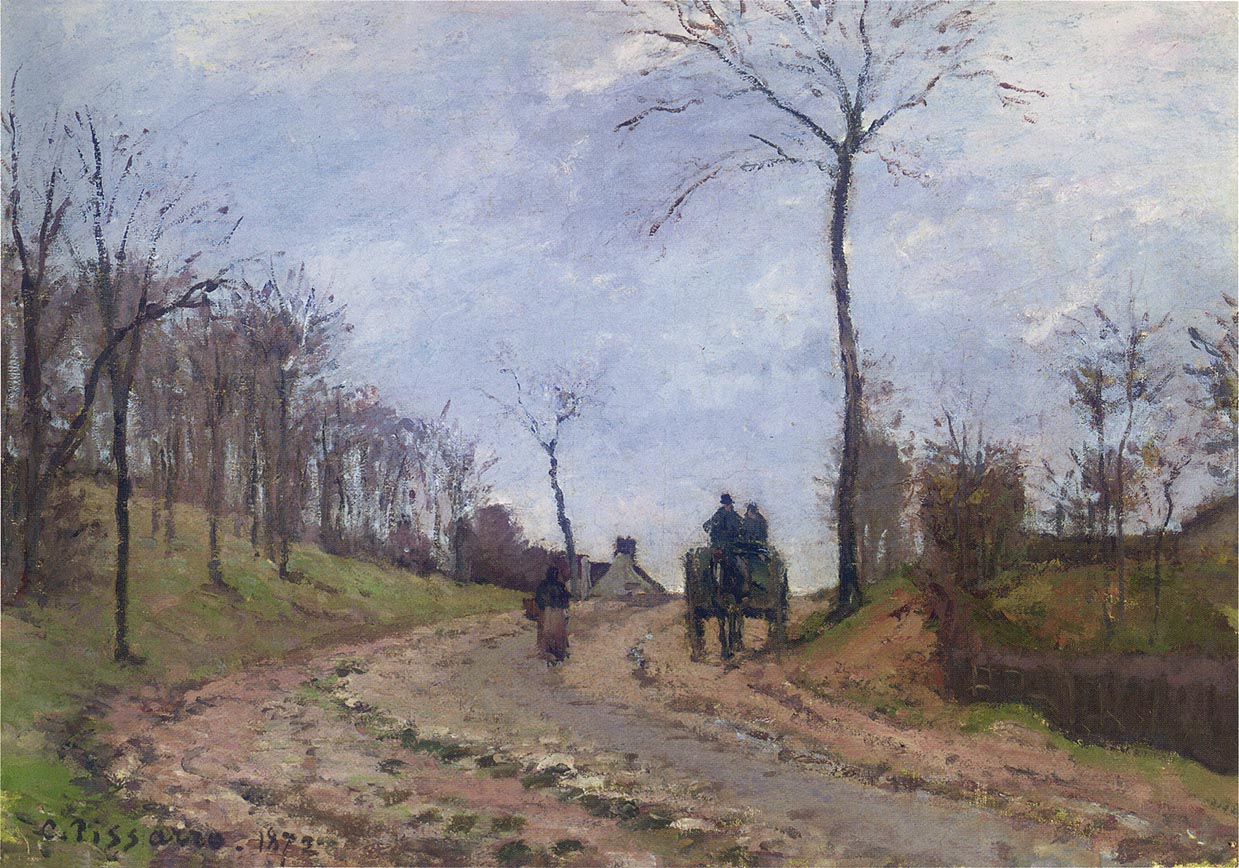 Carriage on a Country Road, Winter, Outskirts of Louveciennes (1872) - Camille Pissarro Tablo