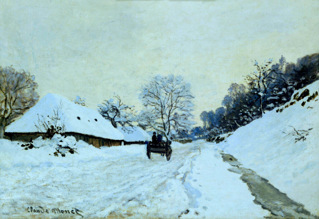 Cart on the Snow Covered Road with Saint Simeon Farm (1865) - Claude Monet Tablo