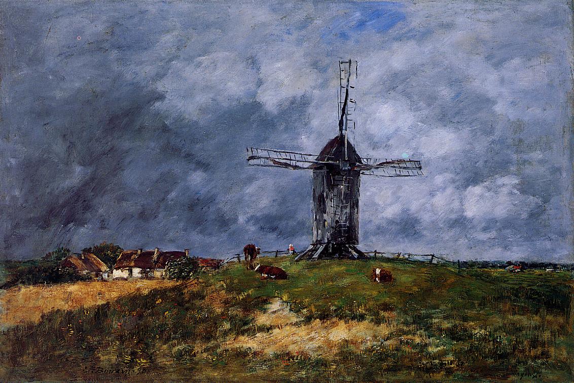Cayeux, Windmill in the Countryside, Morning (1890) - Eugène Boudin Tablo