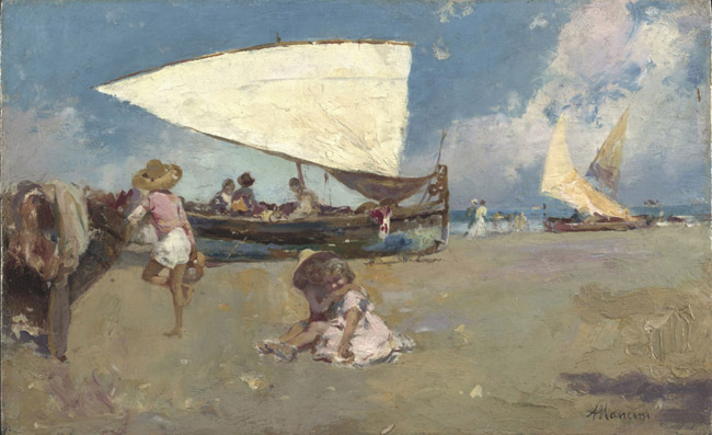 Children on a Sunny Beach (1880) - Antonio Mancini Tablo