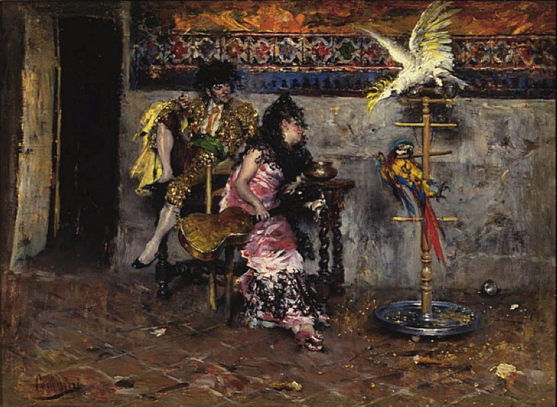 Couple in Spanish dress with two parrots (El Matador) (1872) - Giovanni Boldini Tablo