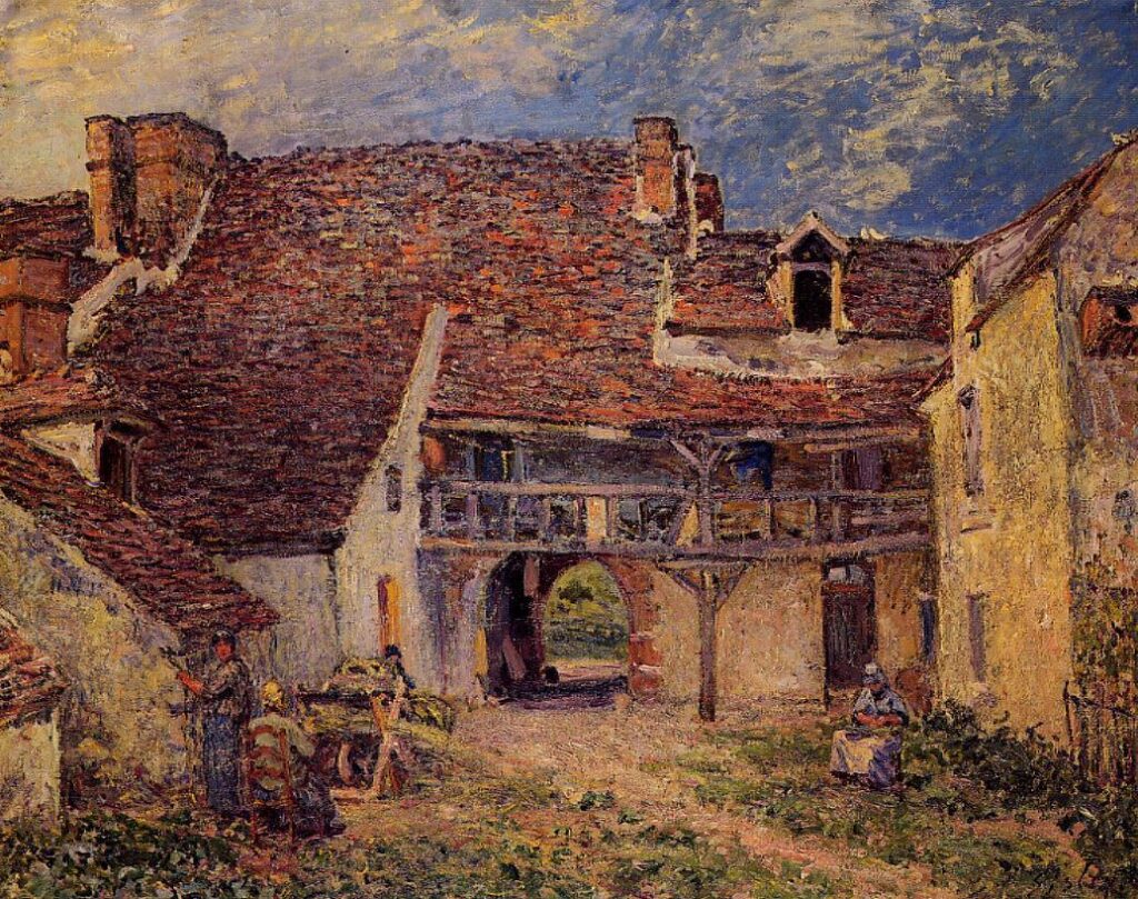 Courtyard of a Farm at Saint Mammes (1884) - Alfred Sisley Tablo