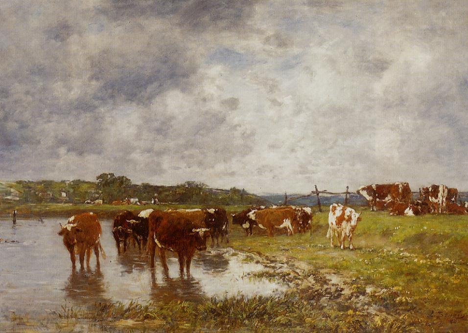 Cows in a Meadow on the Banks of the Toques (1880) - Eugène Boudin Tablo