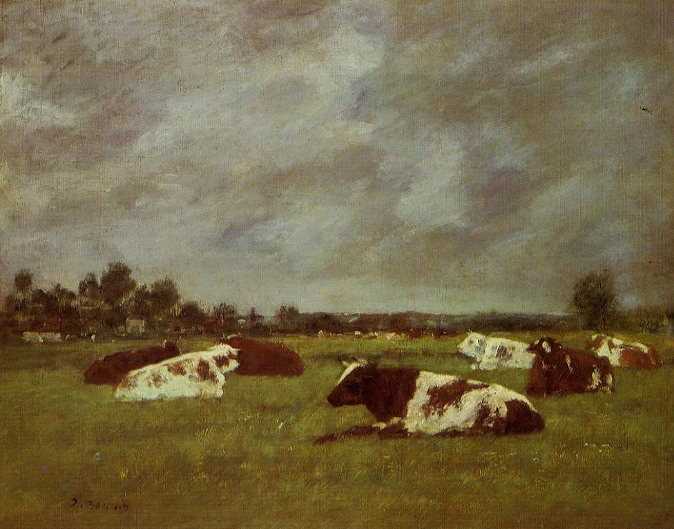 Cows in a Meadow, Morning Effect (1882) - Eugène Boudin Tablo