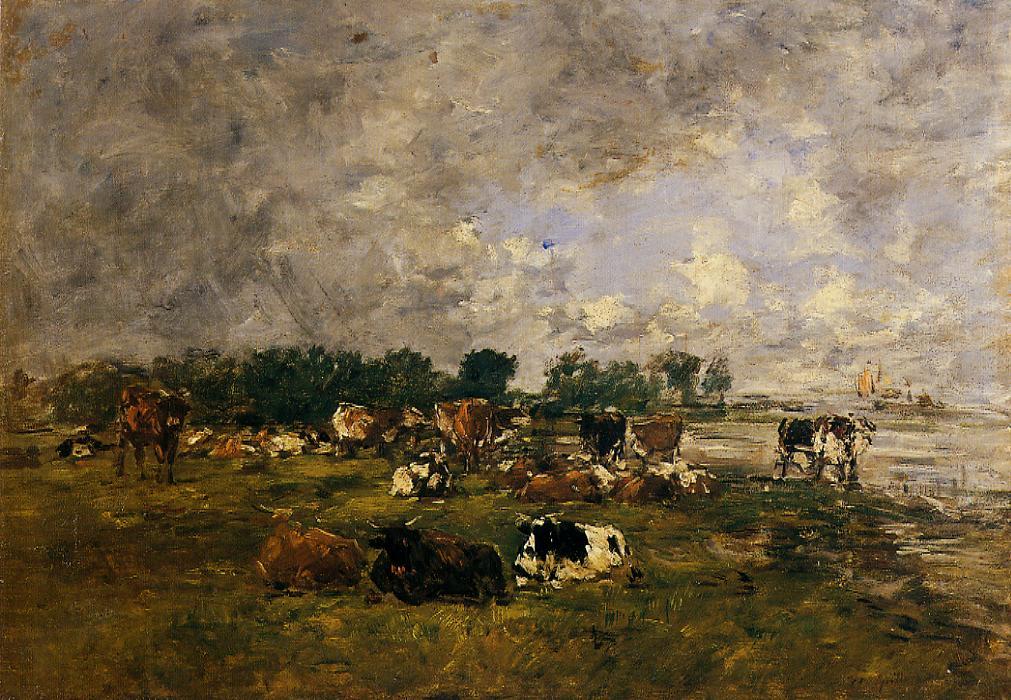 Cows in the Fields (1894) - Eugène Boudin Tablo