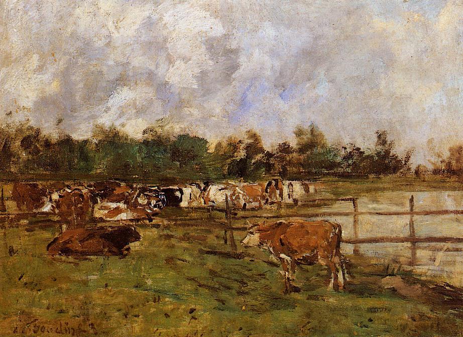 Cows in the Meadow (1890) - Eugène Boudin Tablo