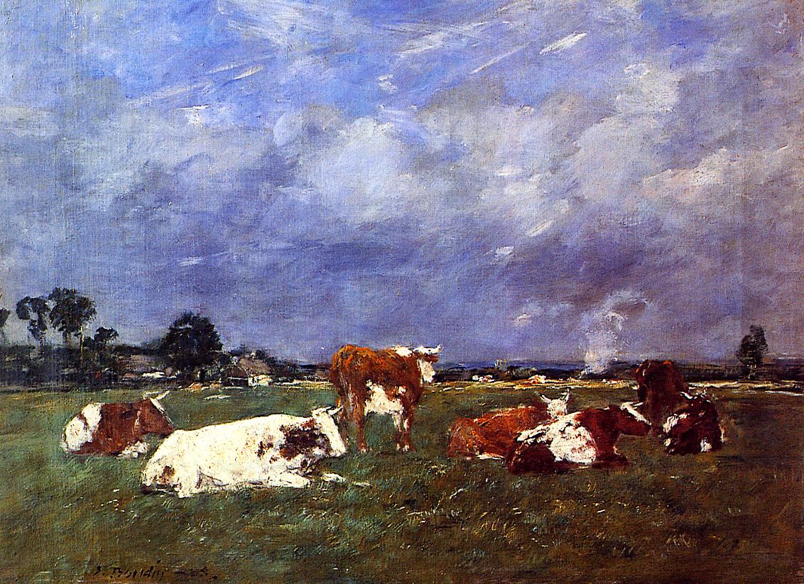 Cows in the Pasture (1888) - Eugène Boudin Tablo