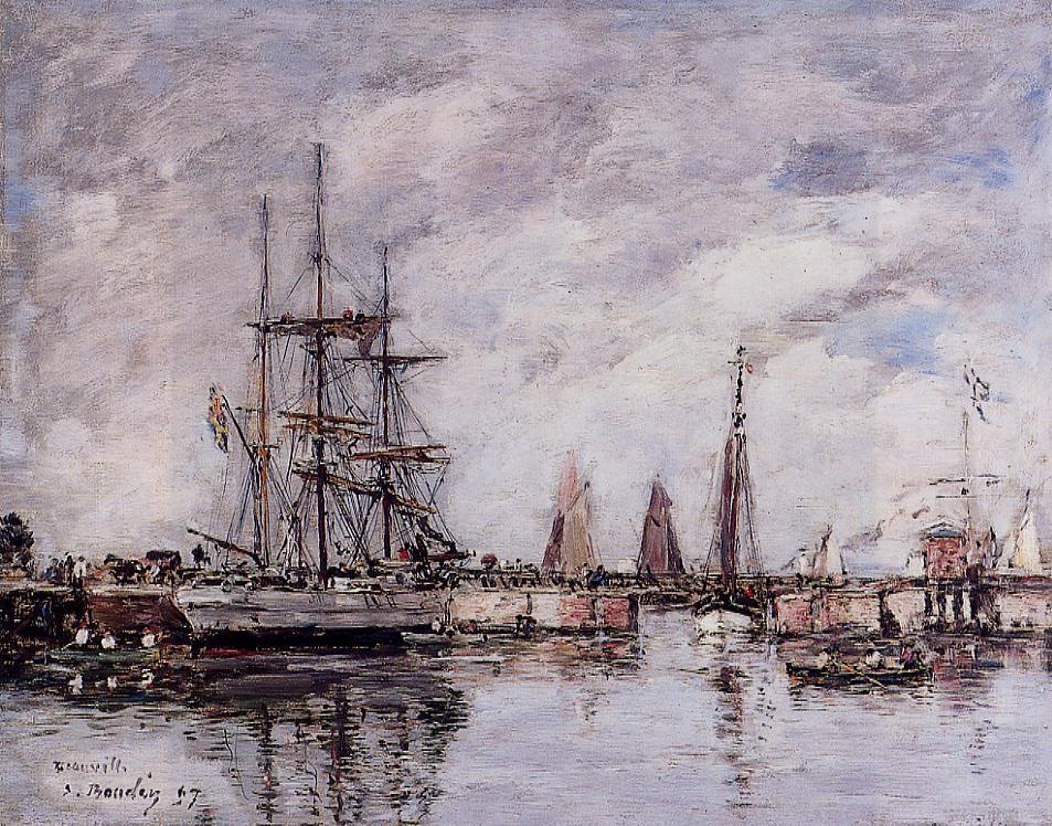 Deauville, Norwegian Three Master Leaving Port (1897) - Eugène Boudin Tablo