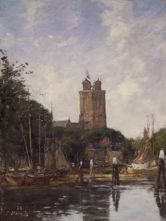 Dordrecht, The Great Church from the Canal (1874) - Eugène Boudin Tablo