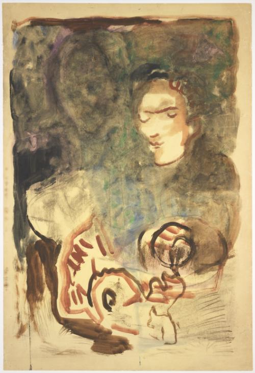 Drawing of a Male Face in a Non Figurative Ground - Frances Hodgkins Tablo