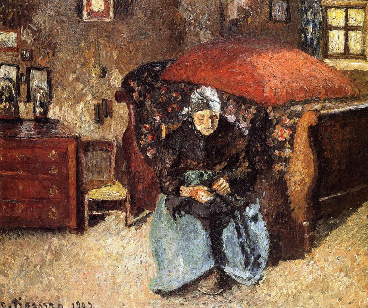 Elderly Woman Mending Old Clothes, Moret (1902) - Camille Pissarro Tablo