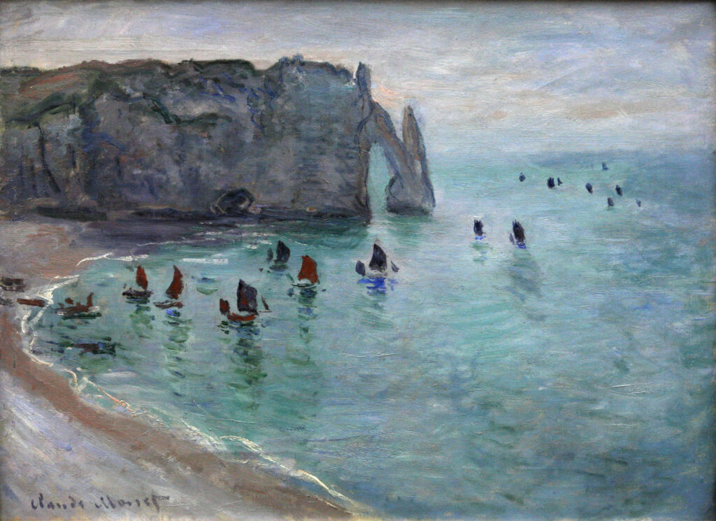 Etretat the Aval Door Fishing Boats Leaving the Harbour (1885) – Claude Monet Tablo